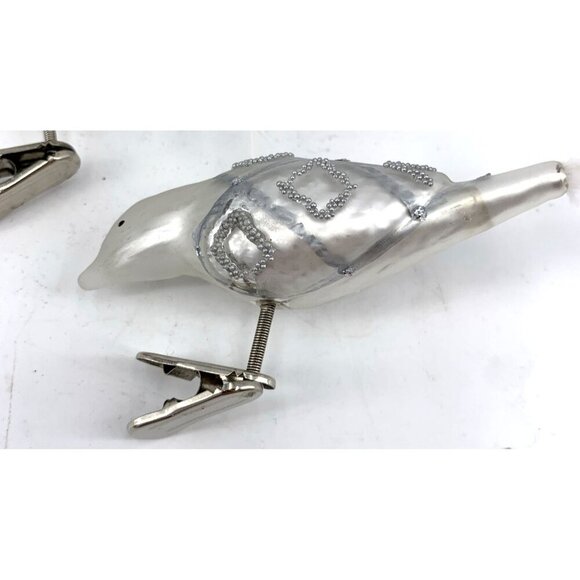 Glass Bird Christmas Ornaments Clip On White Silver Feather Tails Lot of 2 - Picture 3 of 6